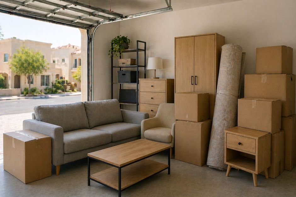 Furniture and moving boxes ready to be rehomed from a UAE garage