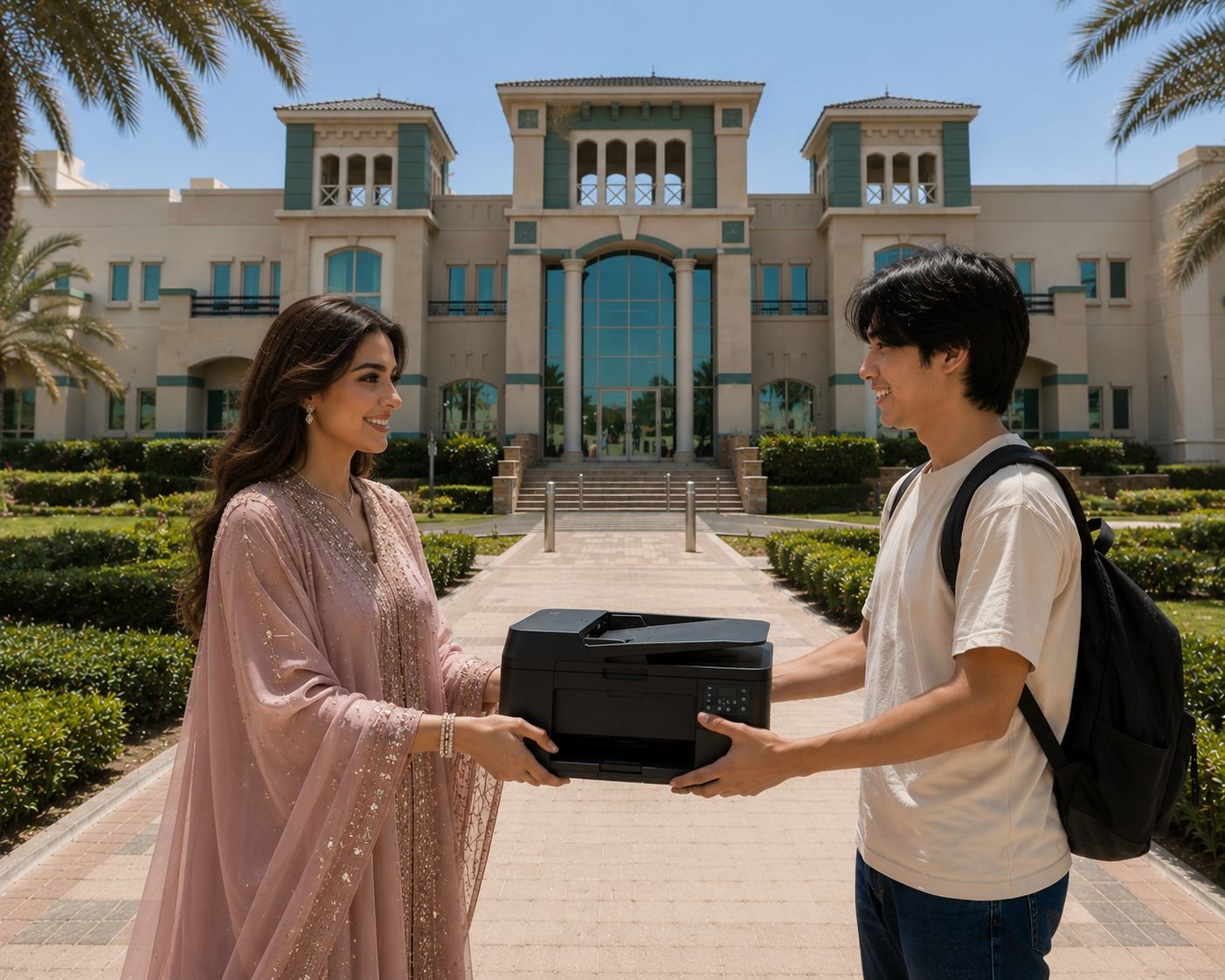 Two people rehoming a printer outside a UAE building