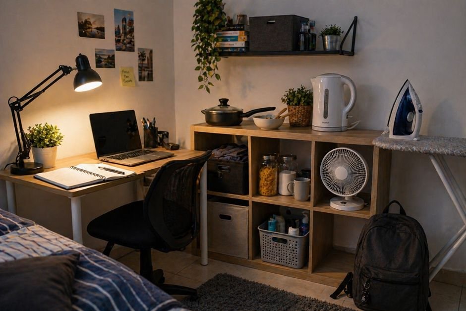Student room in Dubai with study desk, small appliances, storage, and essentials