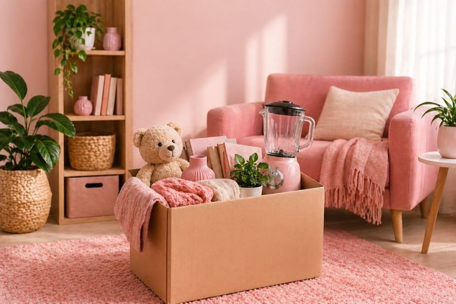 Box of household items ready to be rehomed in a pink living room