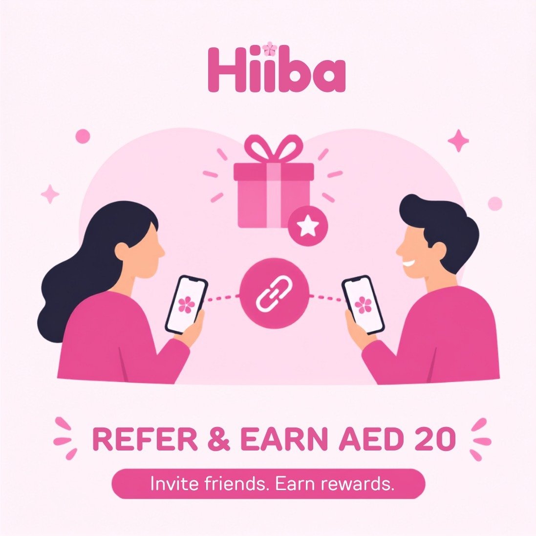 Two people sharing a Hiiba referral link to earn AED 20